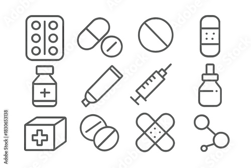 Essential medical and healthcare symbols featuring pills syringe bandages and first aid items