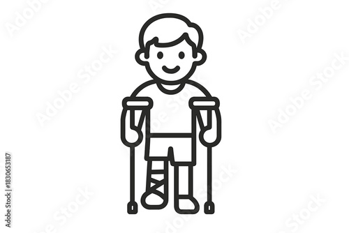 Smiling person with a broken leg in a cast using crutches for support