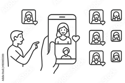 Digital communication concept showing social media interaction with user profiles and smartphone likes