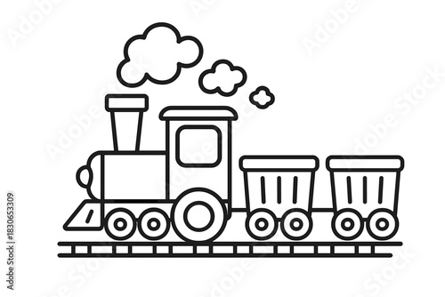 Classic steam engine train pulling two freight cars on railroad tracks