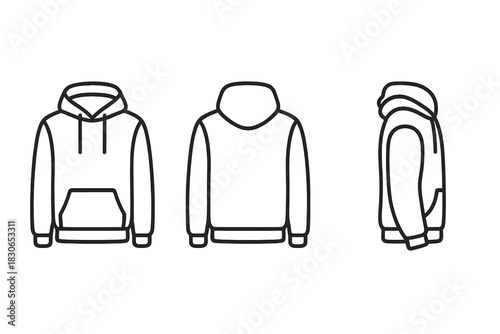 Casual hooded sweatshirt garment template showing front, back, and side views