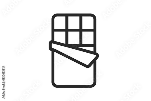 Minimalist black and white outline drawing of a rectangular chocolate bar partially unwrapped from its foil packaging