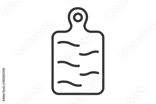 Minimalist black line icon of a wooden kitchen cutting board with handle
