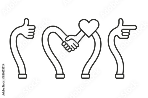 Abstract hand symbols showing thumbs up, heart handshake, and pointing direction