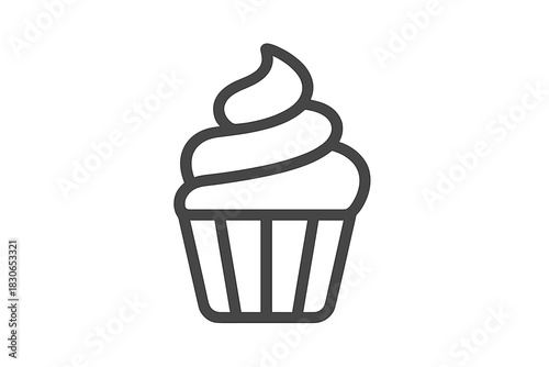 Minimalist line art drawing of a sweet cupcake with swirled frosting in a baking cup wrapper for bakery menus