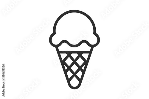 Minimalist black outline drawing of a single scoop of frozen dessert in a waffle cone shape