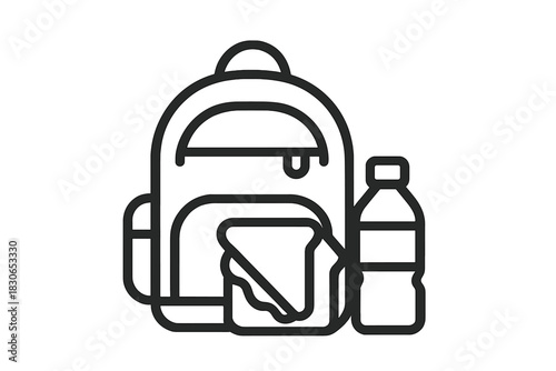 Backpack, sandwich, and water bottle for school lunch or outdoor travel