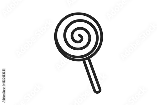 Simple black outline drawing of a spiral lollipop candy on a stick isolated on white background