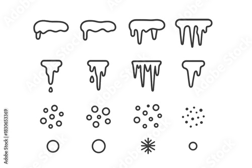 Outline icons of snow caps, melting ice, icicles, and winter weather elements