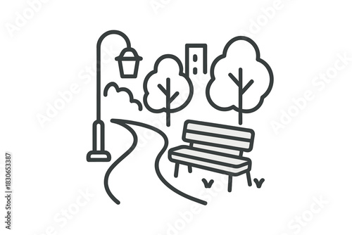 Urban park landscape featuring a seating bench, walking path, and street light