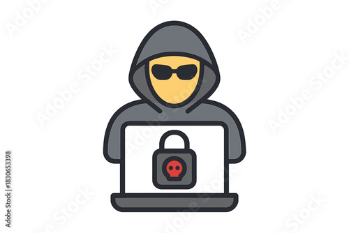 Anonymous hacker figure using a laptop with a skull padlock symbol for cyber security threat
