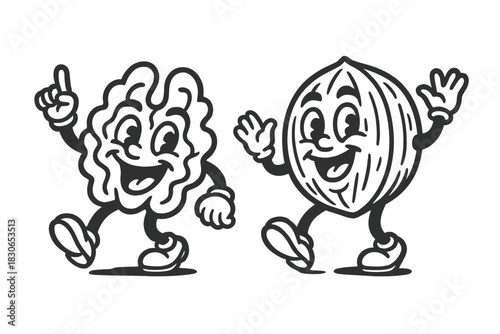 Happy vintage cartoon characters of a walnut kernel and a whole nut walking together