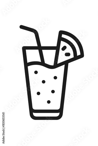Simple black and white outline of a refreshing cold drink in a glass with a straw and fruit