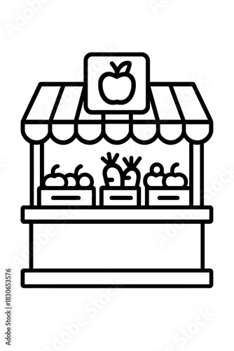 Black and white outline drawing of a farmer's market stall selling fresh produce