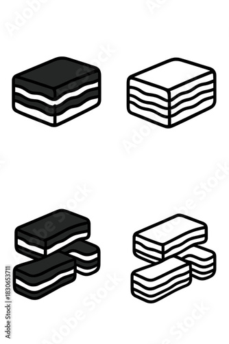 Four variations of layered black and white licorice candy pieces icon set