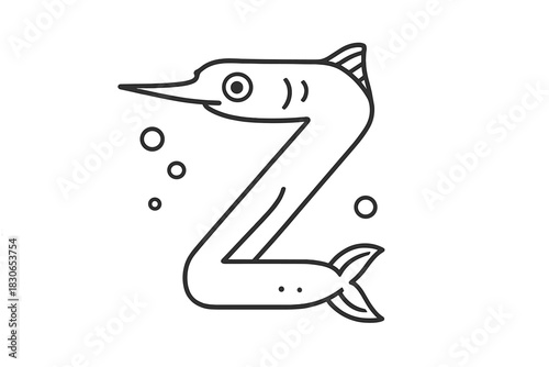 Stylized black and white outline of a long-nosed fish shaped like the capital letter Z swimming