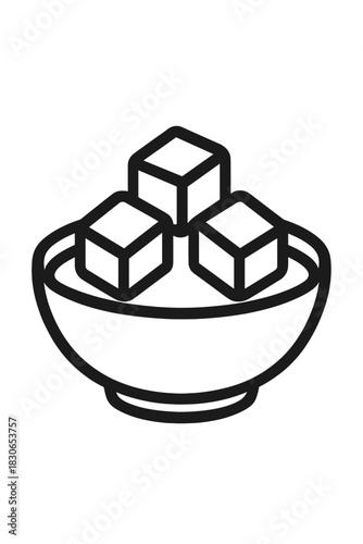 Minimalist black and white outline drawing of sugar cubes in a round serving dish