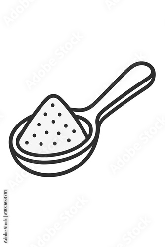 Measuring spoon heaped with granular powder ingredient for cooking or baking