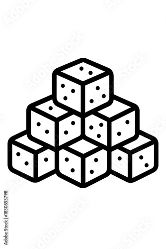 Pyramid stack of six gaming cubes with pips in black outline style