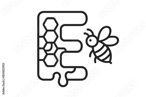 Minimalist black and white outline of a honey bee flying next to a dripping honeycomb
