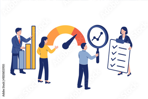 Corporate team evaluating business performance using data analysis tools, charts, and speedometers