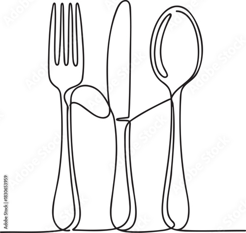 Continuous line drawing of fork knife and spoon on white background cutlery kitchenware