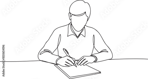 Man writing at desk continuous line drawing with transparent background paper