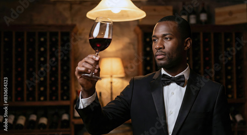 Professional Black male sommelier in a tuxedo inspecting a glass of red wine in a wine cellar, symbolizing expertise in luxury hospitality and diversity in fine dining