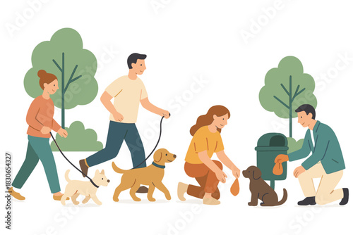 Responsible dog owners walking pets on leashes and disposing of dog waste properly