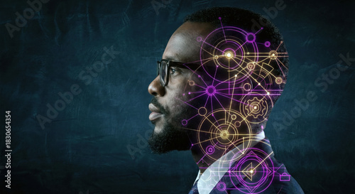 Profile of a Black man with complex glowing geometric brain overlay, symbolizing neurodiversity, unique perception and visionary strategic thinking