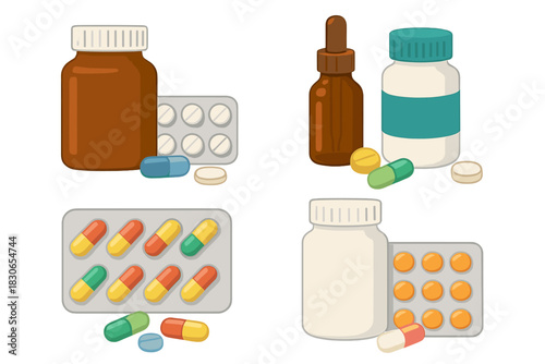 Colorful collection of pharmaceutical products, capsules, tablets, and medicine bottles