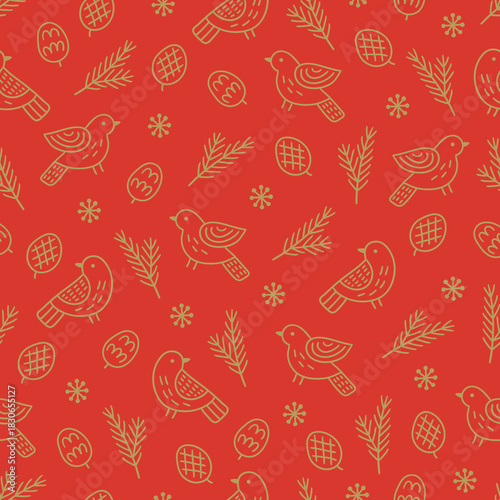 Christmas seamless pattern with birds, cones, snowflakes, fir branches on red background. Perfect for wallpaper, gift paper, winter greeting cards. Vector outline hand drawn illustration