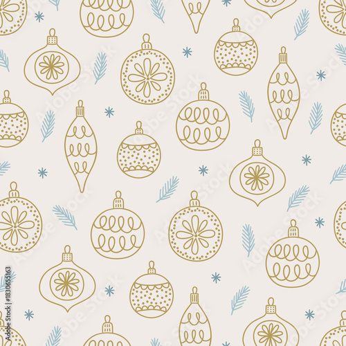 Christmas seamless pattern with balls, baubles, fir branches, snowflakes on white background. Perfect for wallpaper, gift paper, winter greeting cards. Vector outline hand drawn illustration