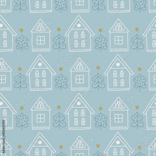 Christmas seamless pattern with house, fir trees, snowflakes on light blue background. Perfect for wallpaper, gift paper, winter greeting cards. Vector outline hand drawn illustration