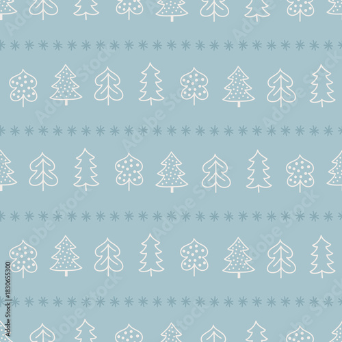 Christmas seamless pattern with fir trees and snowflakes on light blue background. Perfect for wallpaper, gift paper, winter greeting cards. Vector outline hand drawn illustration