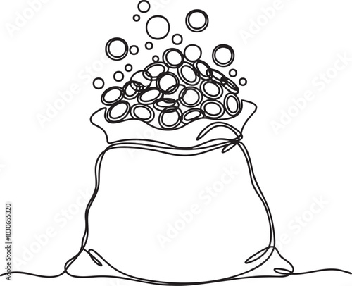 Sack overflowing with gold coins and currency symbols continuous line art money wealth