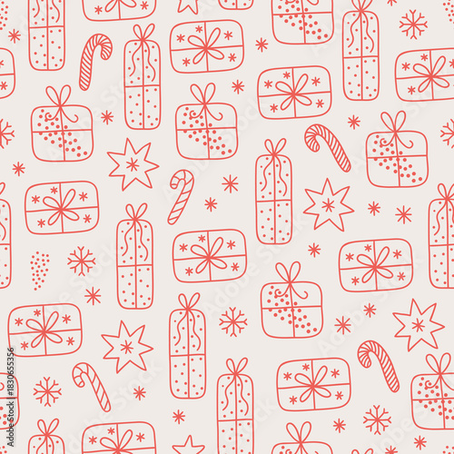 Christmas seamless pattern with candy cane, stars, gifts, snowflakes on white background. Perfect for wallpaper, gift paper, winter greeting cards. Vector outline hand drawn illustration