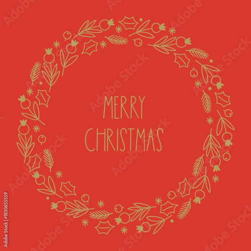 Christmas greeting card with berries, leaves, fir branches, snowflakes on red background. Perfect for winter holidays and decorations. Hand drawn outline frame, wreath