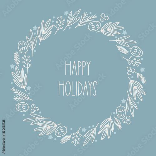 Christmas greeting card with cones, leaves, berries, stars on light blue background. Perfect for winter holidays and decorations. Hand drawn outline frame, wreath