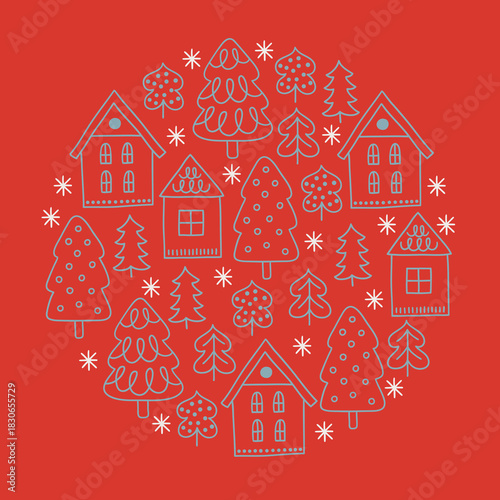 Christmas greeting card with houses, fir trees and snowflakes on red background. Circle ornament. Perfect for winter holidays and decorations. Vector outline illustration
