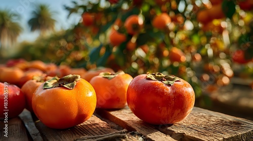 Fototapeta Naklejka Na Ścianę i Meble -  Fresh ripe persimmons on rustic wooden table with orchard in background. Seasonal autumn harvest of sweet orange fruits for healthy eating.