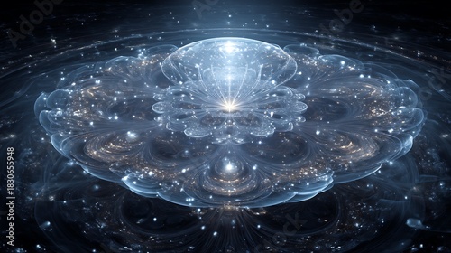 A representation of consciousness expanding through infinite fractal dimensions, abstract light networks, divine cosmic aura, hyper-realistic surreal art, 