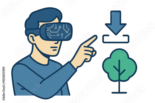 Man wearing virtual reality headset pointing at a digital tree asset and download icon in the metaverse