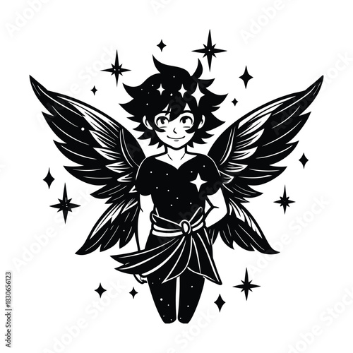 Angel wings vector illustration black silhouette with bird flying icon design
