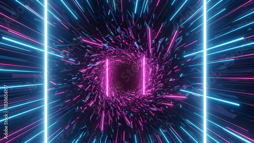 Fototapeta Naklejka Na Ścianę i Meble -  Dynamic futuristic tunnel with neon blue and pink light lines creating an abstract digital pathway representing high-speed data flow and technological advancement