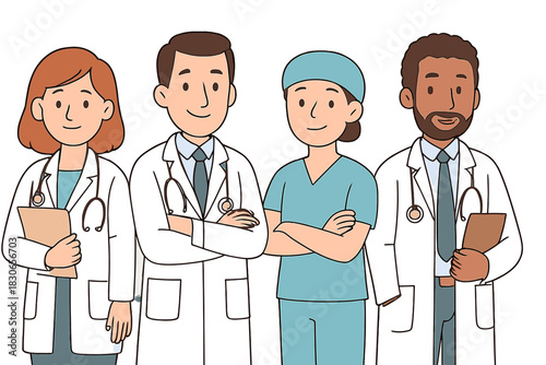 Diverse team of doctors and healthcare workers standing together in medical attire