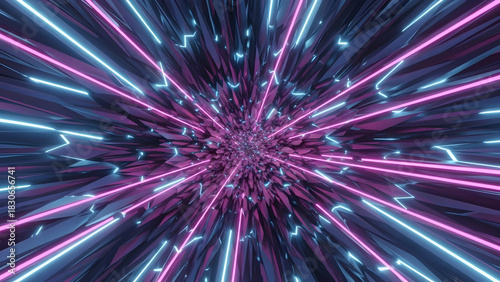 Fototapeta Naklejka Na Ścianę i Meble -  Abstract futuristic glowing neon light tunnel with sharp polygonal structures creating a dynamic sense of warp speed and digital data flow representing modern technology and cyberspace concepts