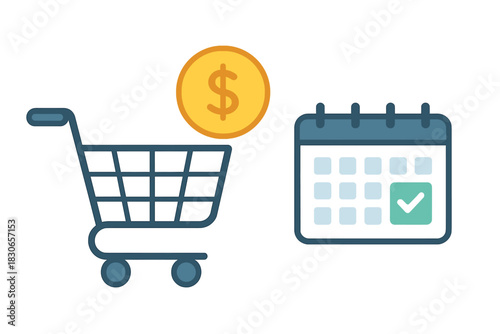 Online shopping cart with dollar currency coin and calendar appointment confirmation icon