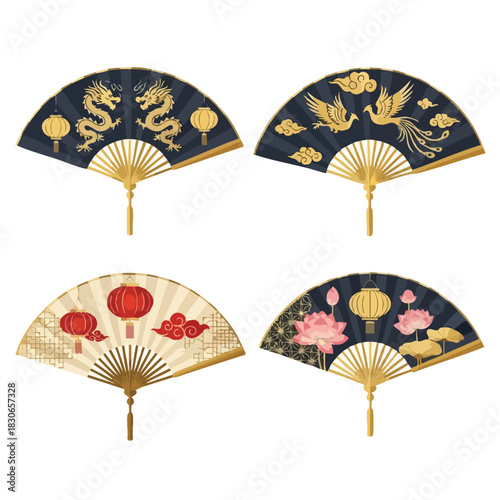 Four traditional Chinese fans with intricate designs on a white background. Perfect for cultural events, decorative items, and Asian-inspired themes.