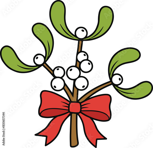 A festive cartoon illustration of a mistletoe sprig with green leaves and white berries, tied together with a bright red ribbon bow.